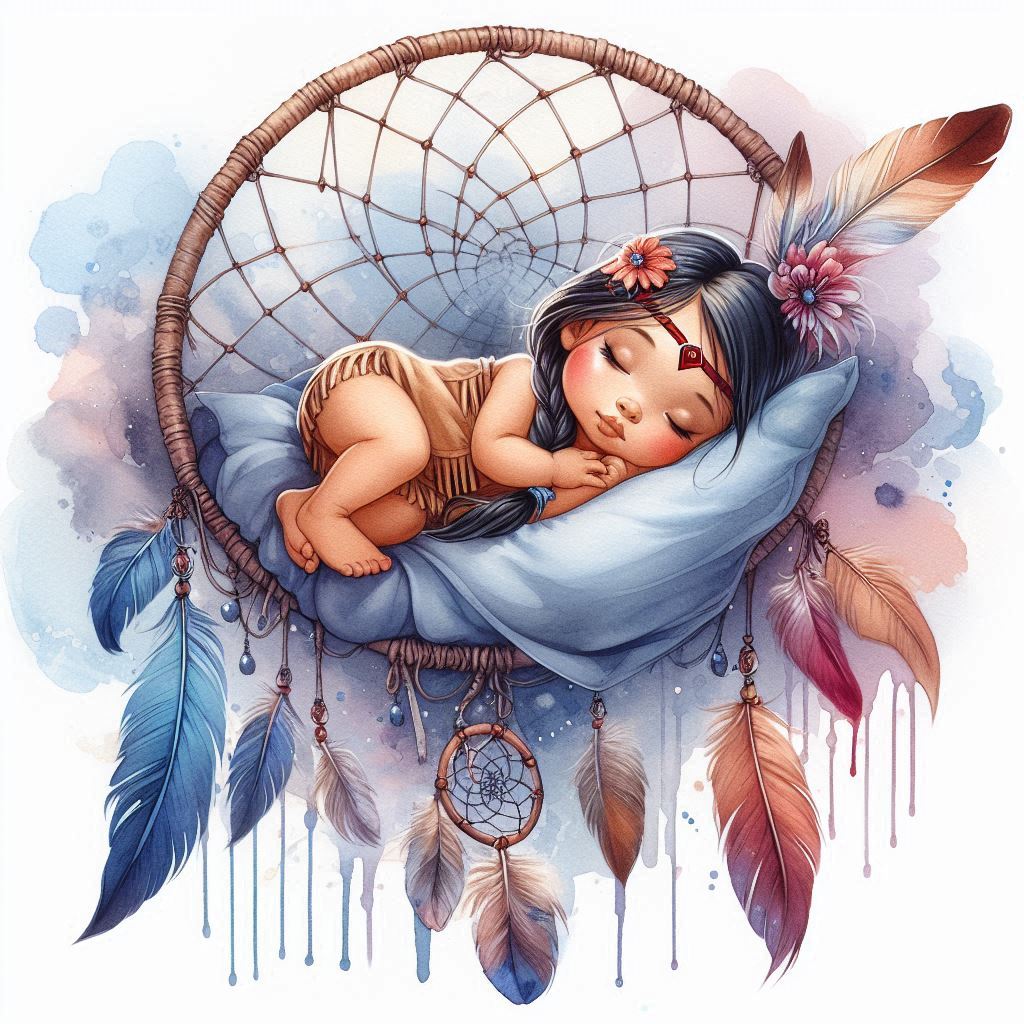 Cassoliv coupon tissu bébé fille indienne sur fond attrape-rêves en velours ras 410g/m2