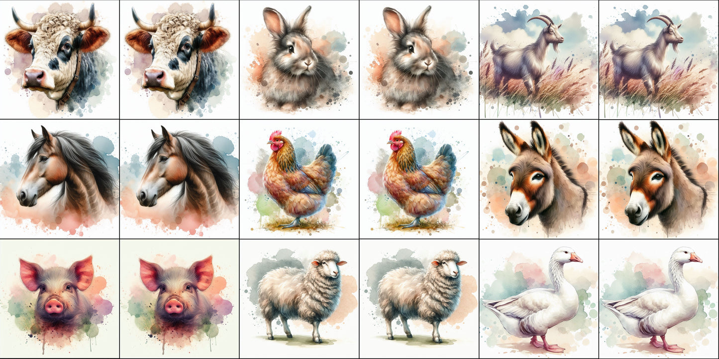 Cassoliv panneau tissu 18 carrés de 12x12cm pour jeu de memory ou lingettes lavables Animaux de la ferme