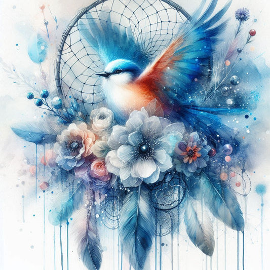 Cassoliv coupon tissu Oiseau sur fond Attrape-rêve et fleurs en velours ras 410g/m2