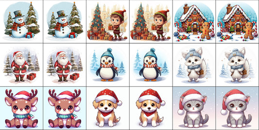 Cassoliv panneau tissu 18 carrés de 12x12cm pour jeu de memory ou lingettes lavables Noël